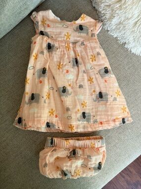 Peach Elephant Print Baby Dress with Bloomers